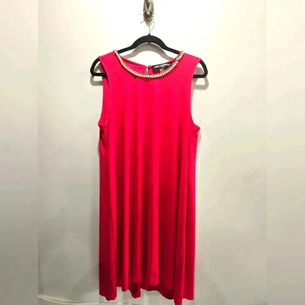 Karl Lagerfeld Shift Dress Pearl Gold Chain Neckline Details Hot Pink Size 14